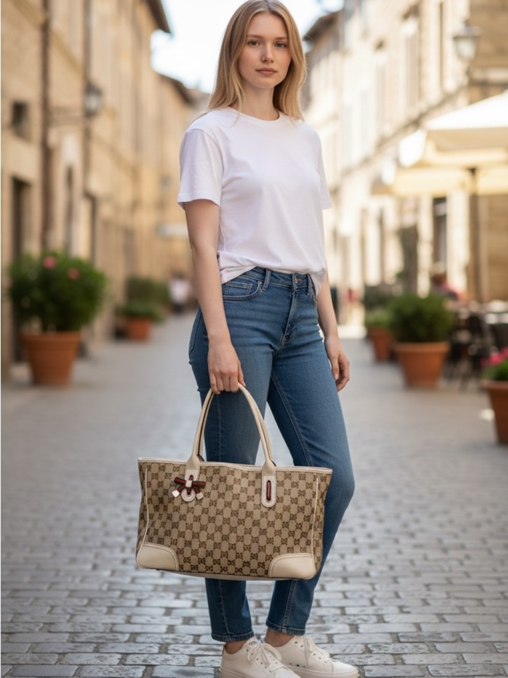 Gucci Beige Monogram Canvas Tote